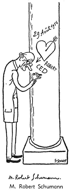 Caricature de Sennep sur Robert Schuman et la CED (30 août 1954)