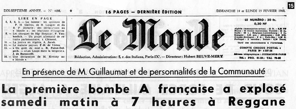 ‘The first French A-bomb exploded at 7 o’clock on Saturday morning in Reggane’ — the front page of <i>Le Monde</i>