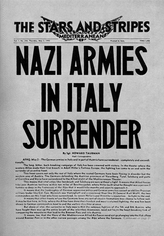 'Nazi armies in Italy surrender' from the front page of <i>The Stars and Stripes</i>