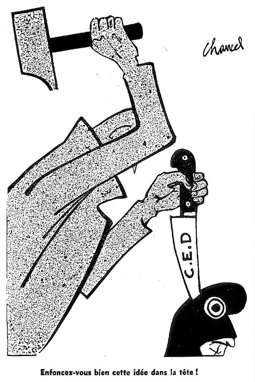 Cartoon by Chancel on the dangers of the European Defence Community (22 April 1954)