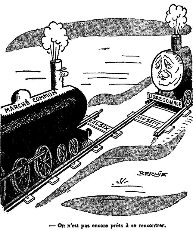 Cartoon by Bernie on relations between the EEC and EFTA (20 May 1960)