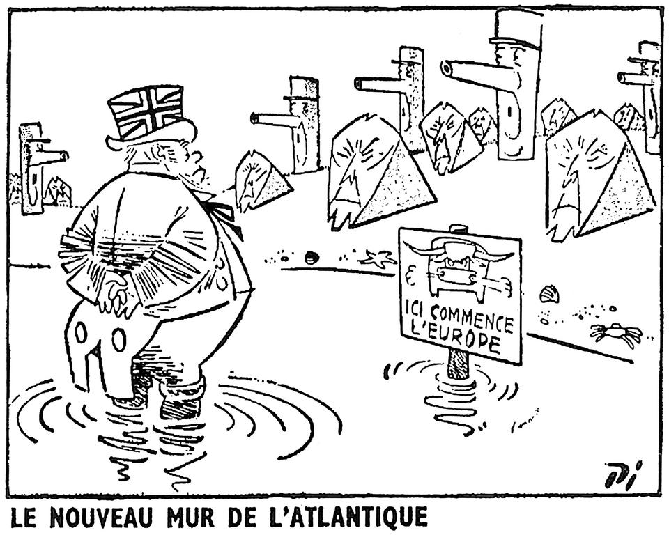 Karikatur von Pi über das deutsch-französische Tandem und den Beitritt des Vereinigten Königreichs zur EWG (31. Juli 1959)