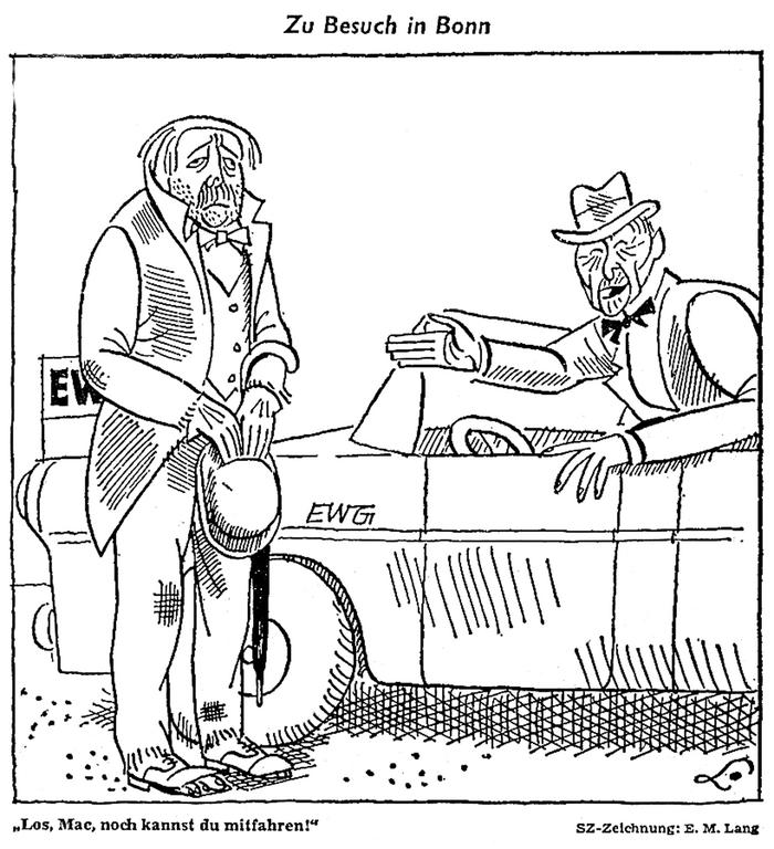 Karikatur von Lang zu den Verhandlungen über den Beitritt des Vereinigten Königreichs zu den EG (10. Januar 1962)