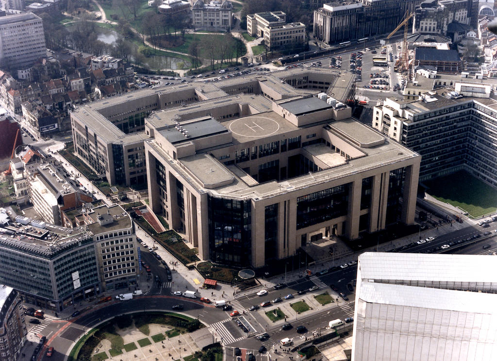 Aerial view of the building (Justus Lipsius) of the Council of the European Union in Brussels