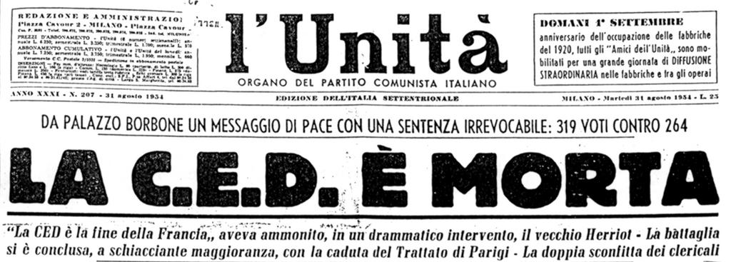 "La CED est morte"- la une du quotidien communiste italien <i>L'Unità</i> (31 août 1954)