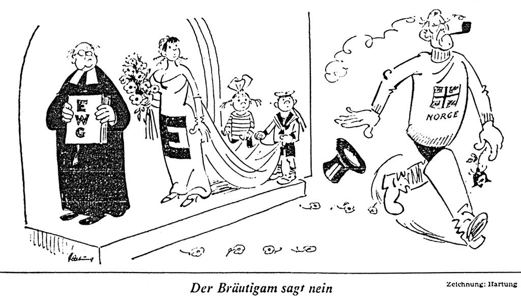 Cartoon by Hartung on the Norwegians’ refusal to join the EC (27 September 1972)