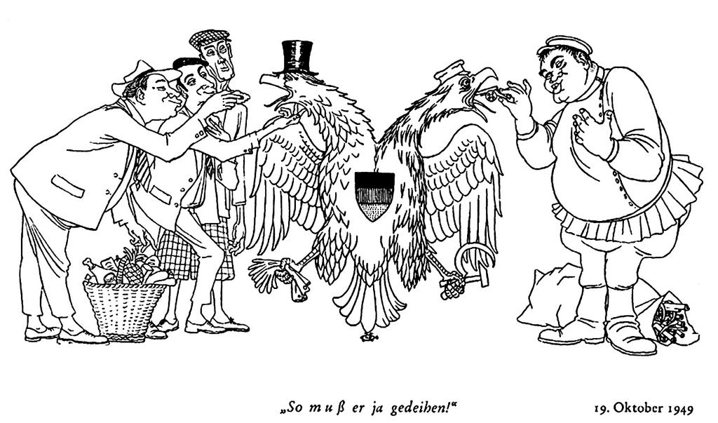 Karikatur von Meinhard zur politischen Entwicklung der BRD und der DDR (19. Oktober 1949)