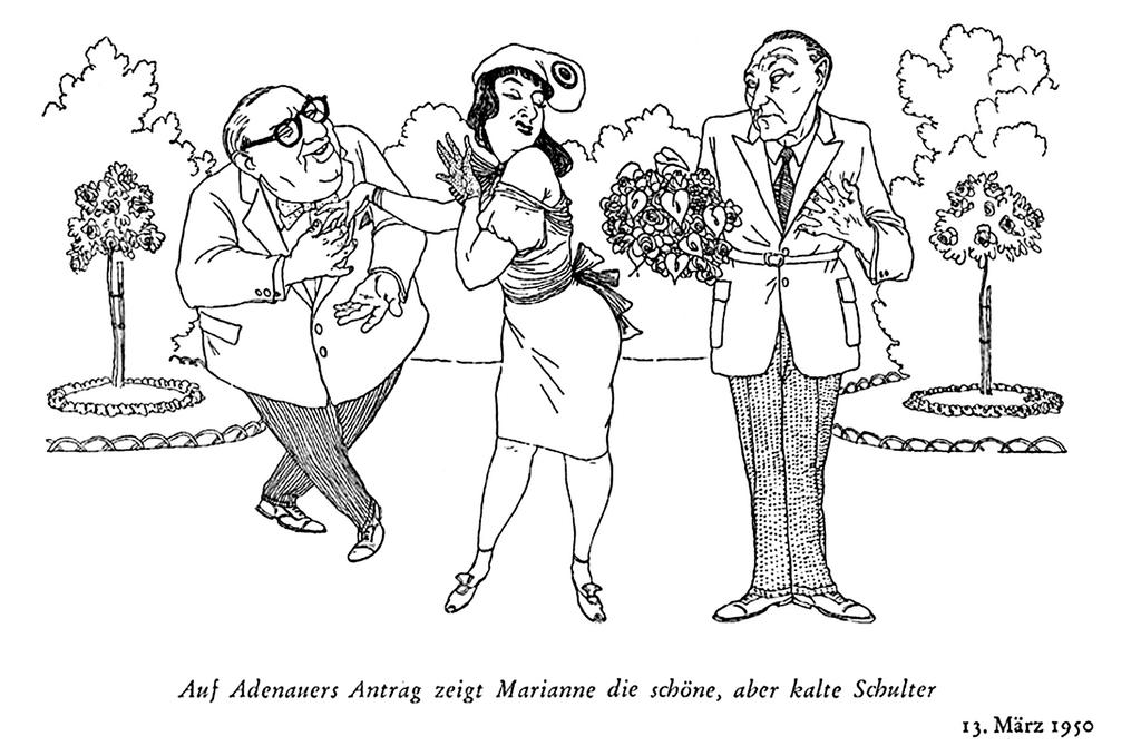 Karikatur von Meinhard zur Vorstellung Konrad Adenauers von einer deutsch-französischen Union (13. März 1950)