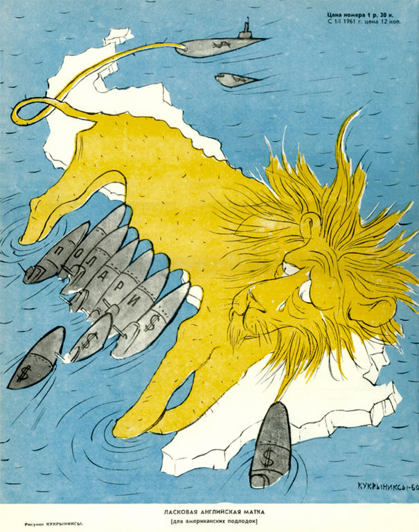 Caricature de Kukriniksi sur le Royaume-Uni et les missiles Polaris (20 décembre 1960)