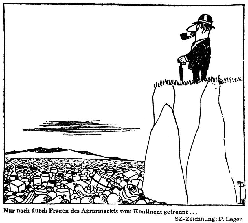 Cartoon by Leger on the implications of agriculture in the negotiations for UK accession to the EEC (24 July 1970)