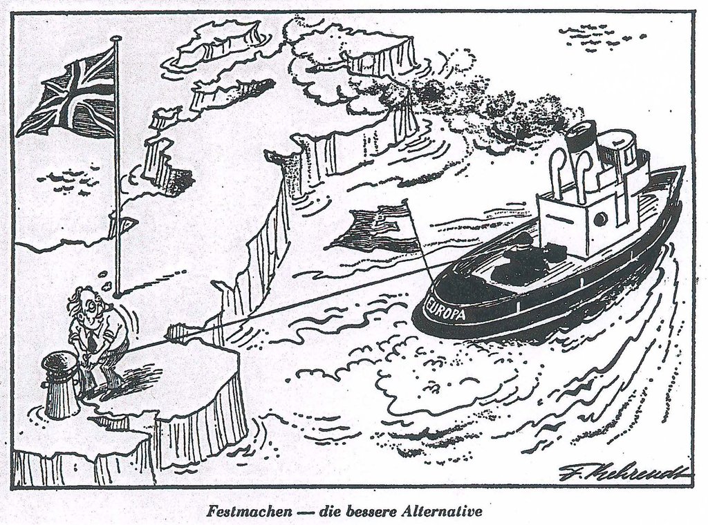 Caricature de Behrendt sur la question du maintien du Royaume-Uni dans la CEE (9 avril 1975)