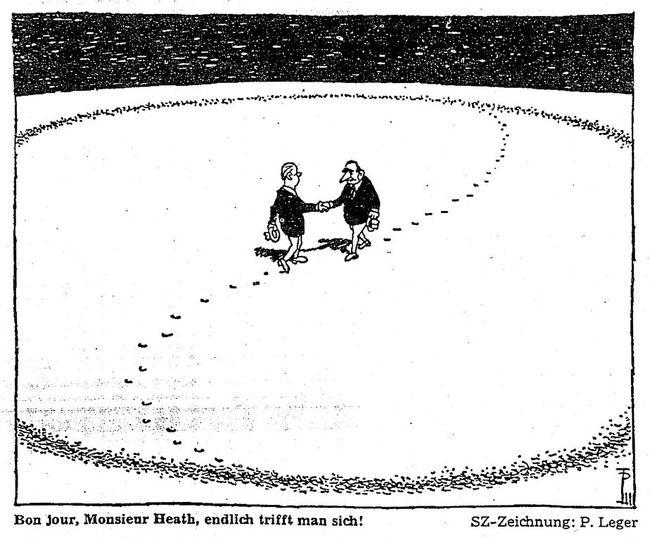 Karikatur von Leger zum Treffen zwischen Edward Heath und Georges Pompidou (21. Mai 1971)
