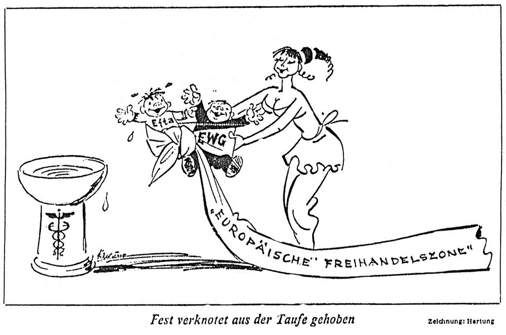 Cartoon by Hartung on the relations between EEC and EFTA (24 July 1972)