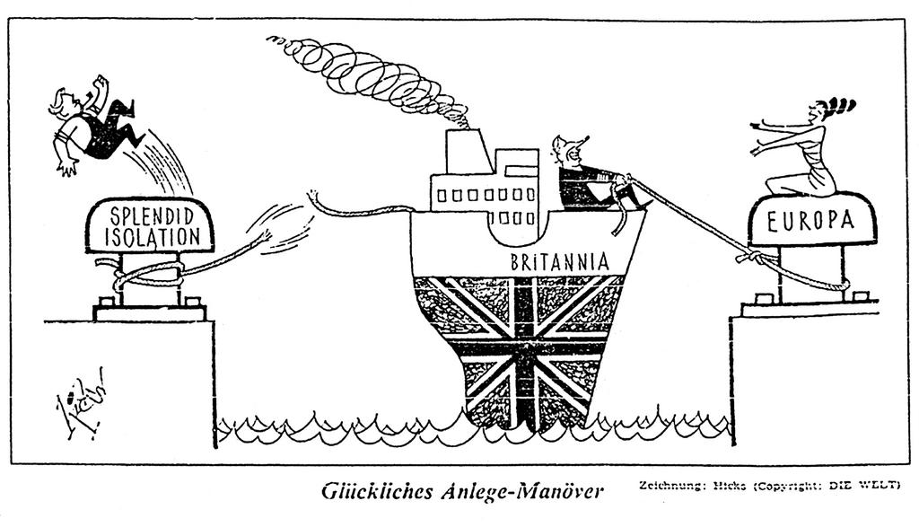 Caricature de Hicks sur le rapprochement entre le Royaume-Uni et l'Europe (30 octobre 1971)