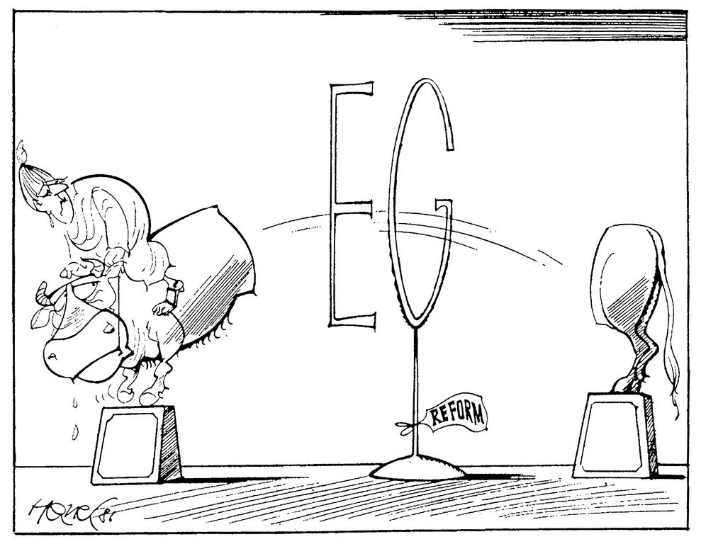 Caricature de Hanel sur l'Acte unique européen (18 février 1986)