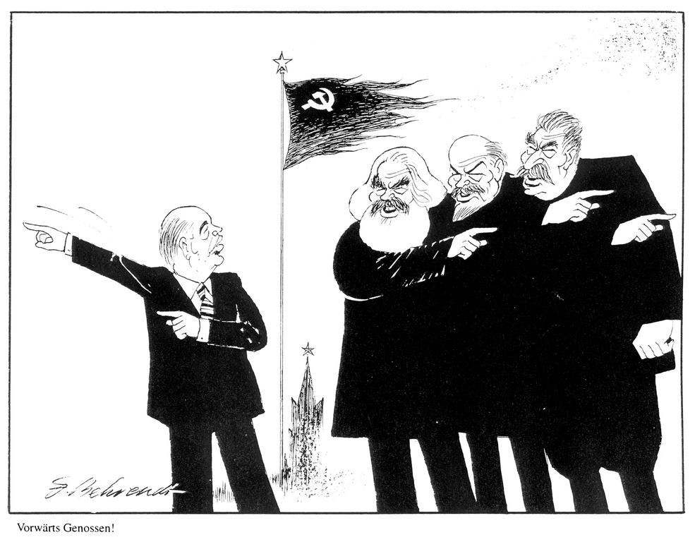 Cartoon by Behrendt on Gorbachev's reforms in the Soviet Union (1985)