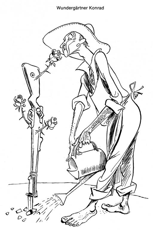 Cartoon by Lang on the action taken by Konrad Adenauer in support of German rearmament
