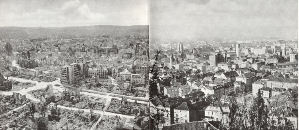 Centre ville de Stuttgart en 1947 et en 1955