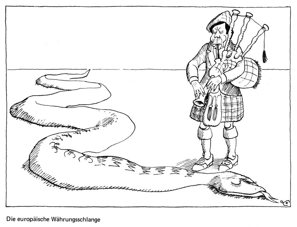 Caricature de Lang sur la fin du serpent monétaire européen (1978)