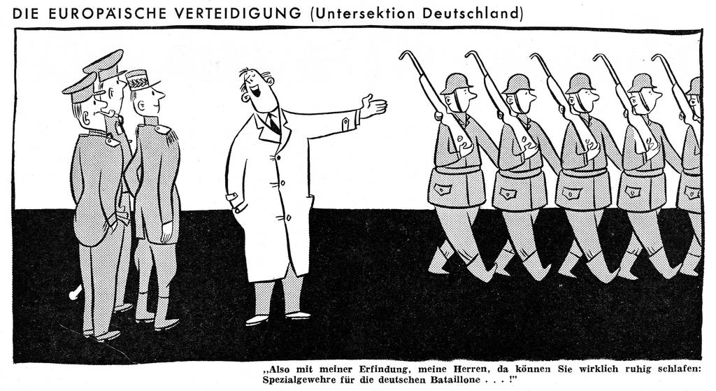 Karikatur zur EVG und zur Frage der deutschen Wiederbewaffnung (November 1950)