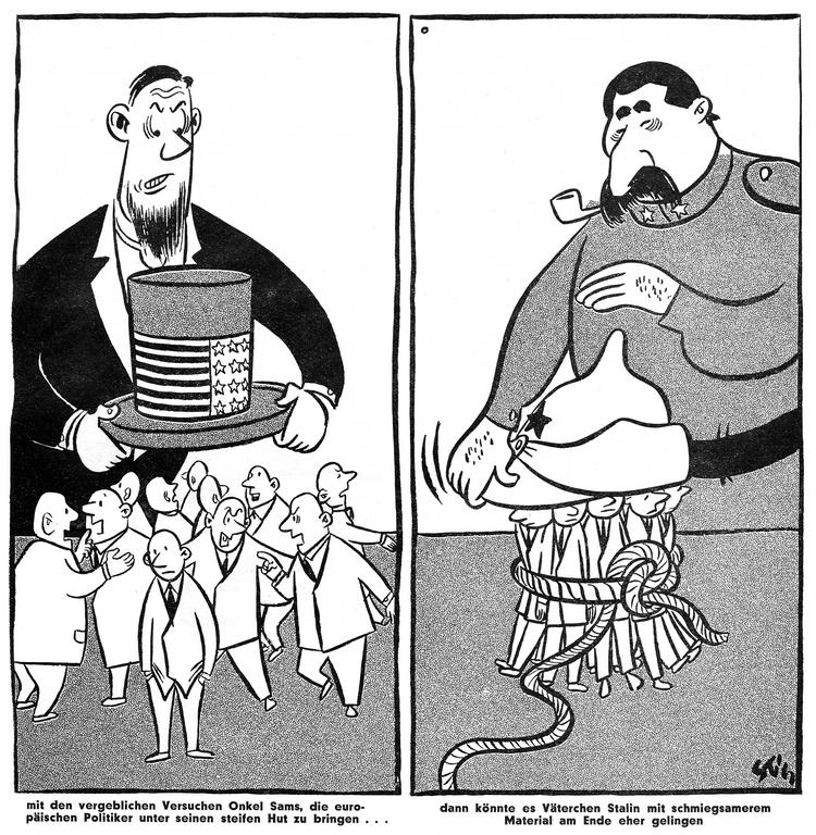 Caricature sur la politique étrangère des États-Unis et de l'Union soviétique (Janvier 1951)