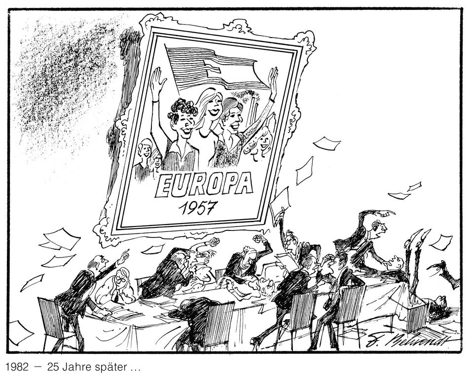 Karikatur von Behrendt zur europäischen Zusammenarbeit (1982)