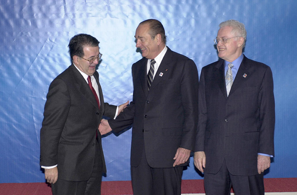 Romano Prodi, Jacques Chirac et Lionel Jospin lors du Conseil européen de Nice (7 décembre 2000)