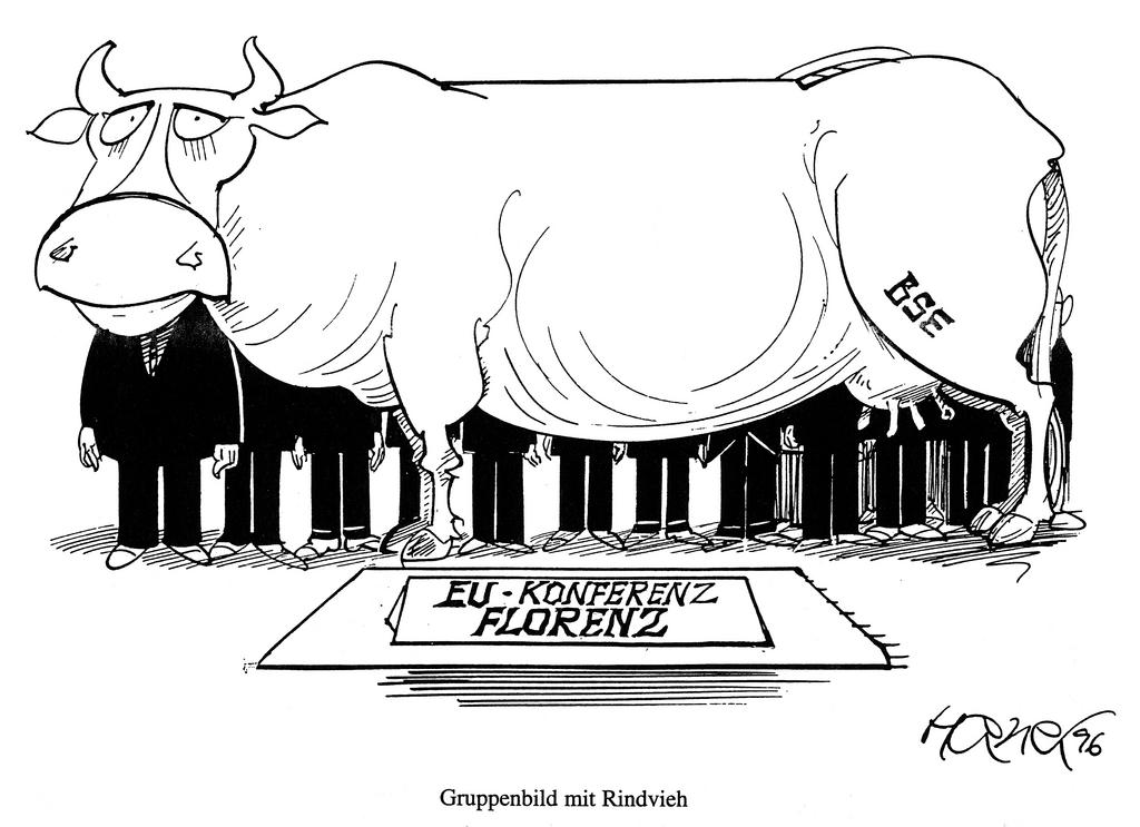 Caricature de Hanel sur le Conseil européen de Florence et la crise de la vache folle (1996)