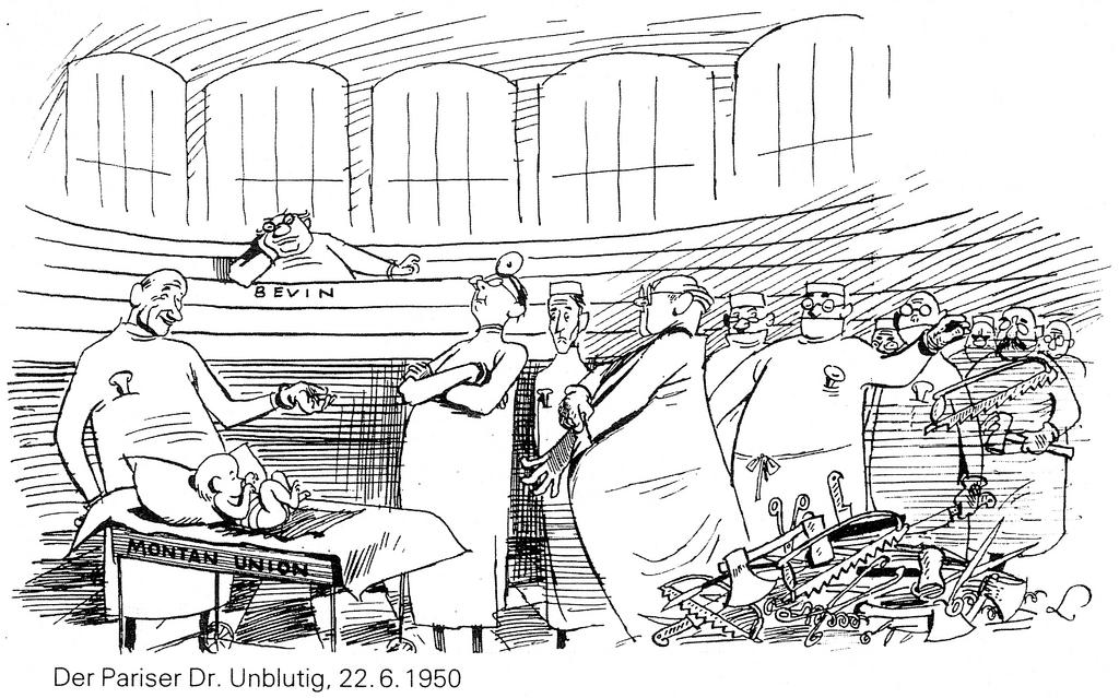 Cartoon by Lang on the issues surrounding the Schuman Plan and the United Kingdom’s role (22 June 1950)