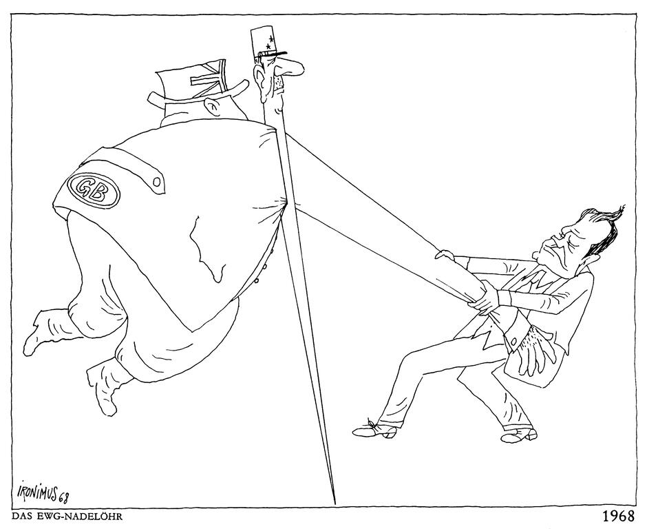 Karikatur von Ironimus zum schwierigen Beitritt Großbritanniens zu den EG (1968)