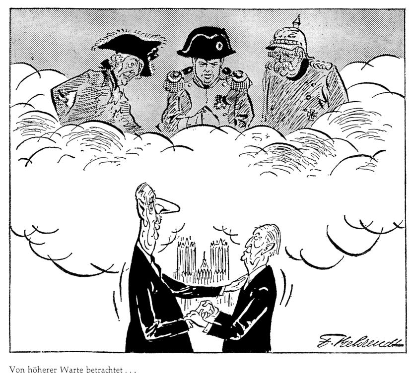 Karikatuur van de Frans-Duitse toenadering, door Behrendt: het De Gaulle-Adenauer Reims treffen (9 Juli 1962)