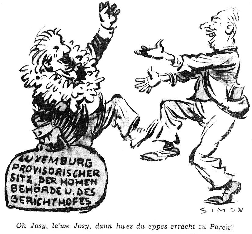 Caricature de Simon sur l'installation provisoire de la Haute Autorité de la CECA à Luxembourg (5 août 1952)