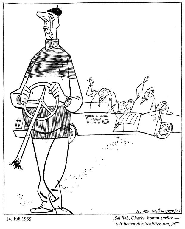 Cartoon by Köhler on the empty chair policy (14 July 1965)