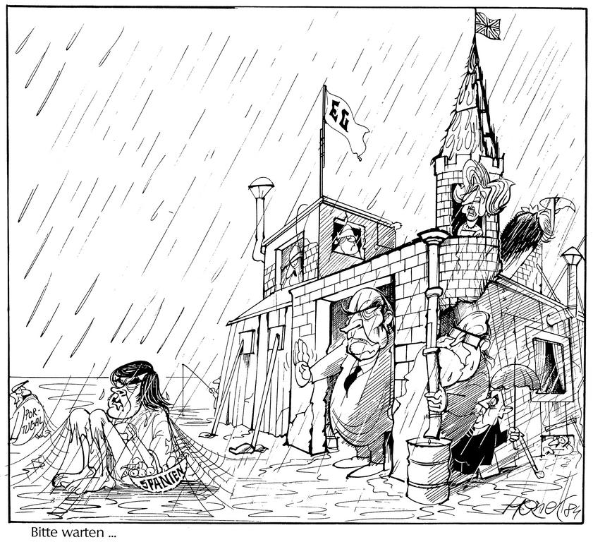 Karikatur von Hanel zum Beitritt Spaniens und Portugals zu den Europäischen Gemeinschaften (25. Februar 1984)