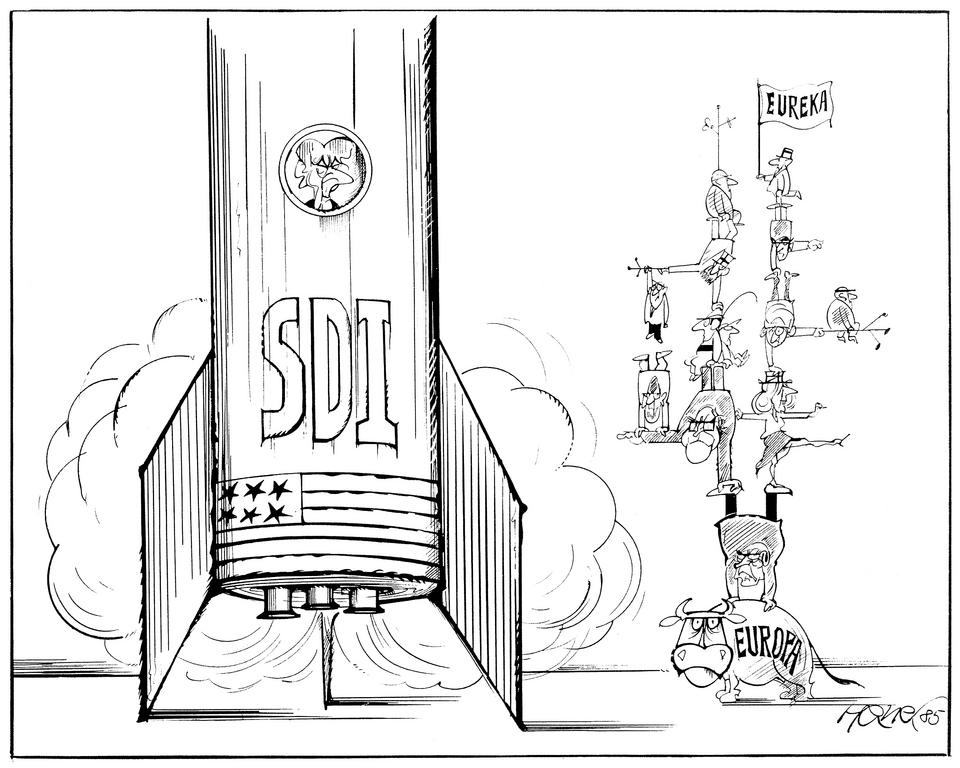 Caricature de Hanel sur la coopération technologique en Europe (1985)