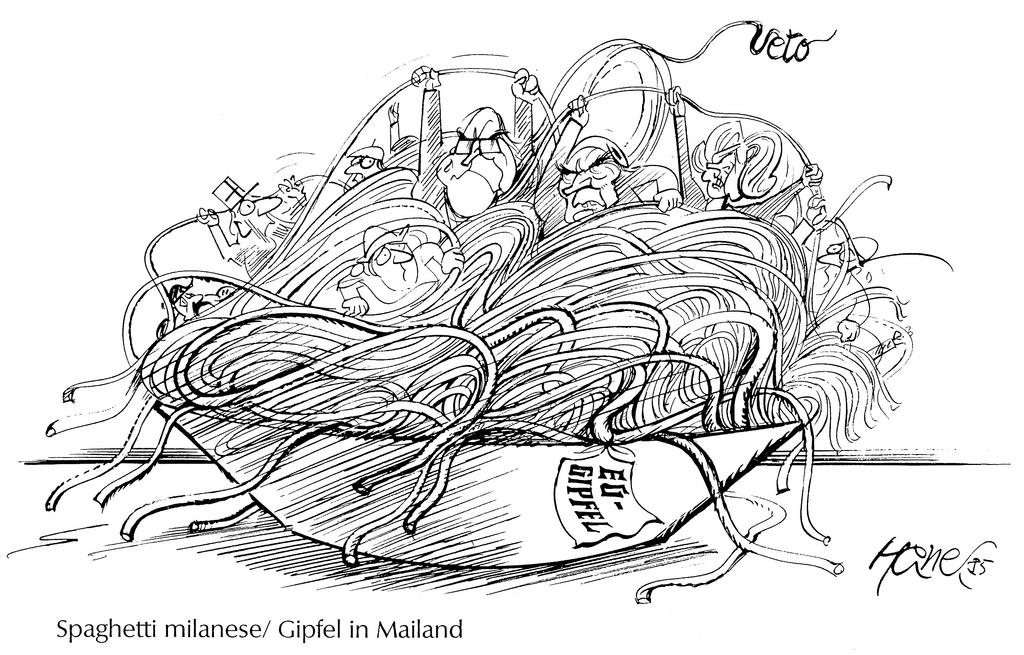 Caricature de Hanel sur le Conseil européen de Milan (29 juin 1985)