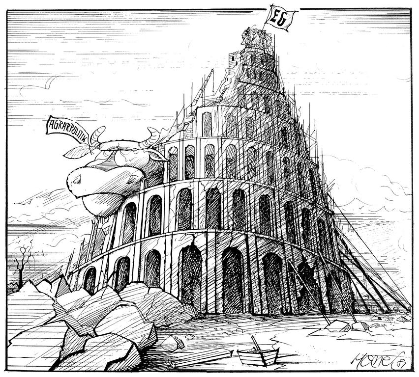 Caricature de Hanel sur les difficultés de réformer la PAC (1981)