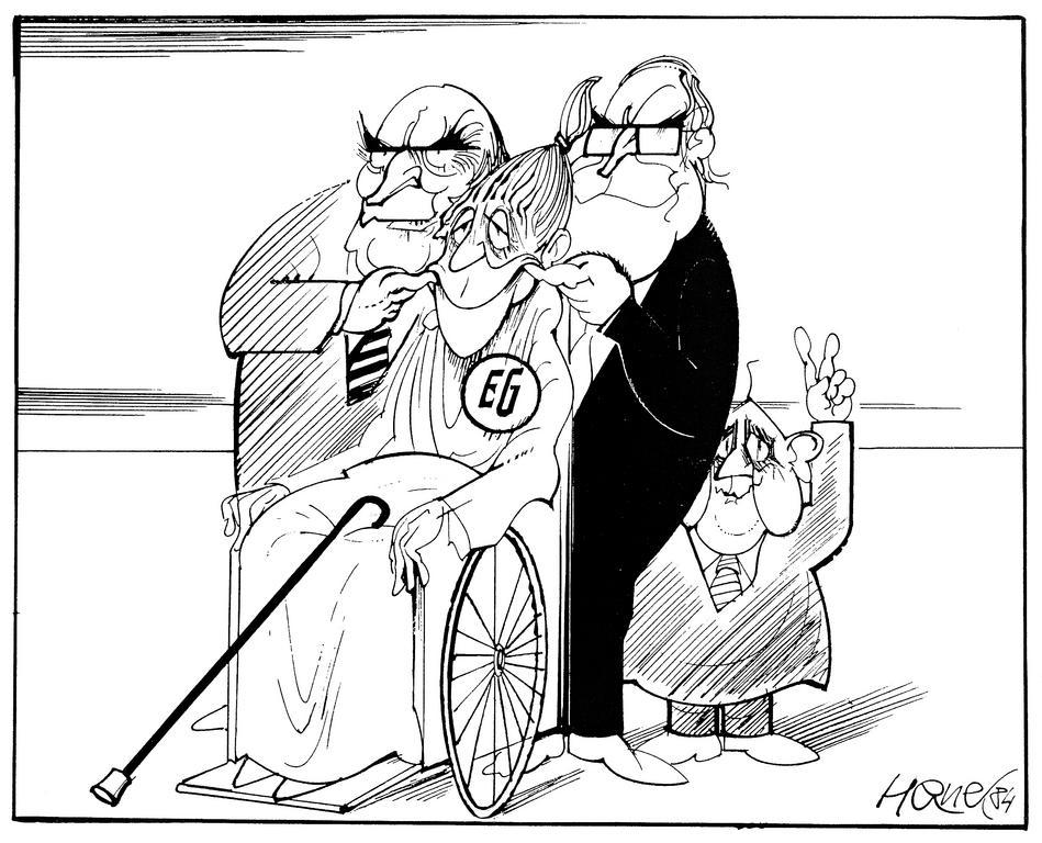 Caricature de Hanel sur la coopération franco-allemande pour relancer l'intégration européenne (29 mars 1984)