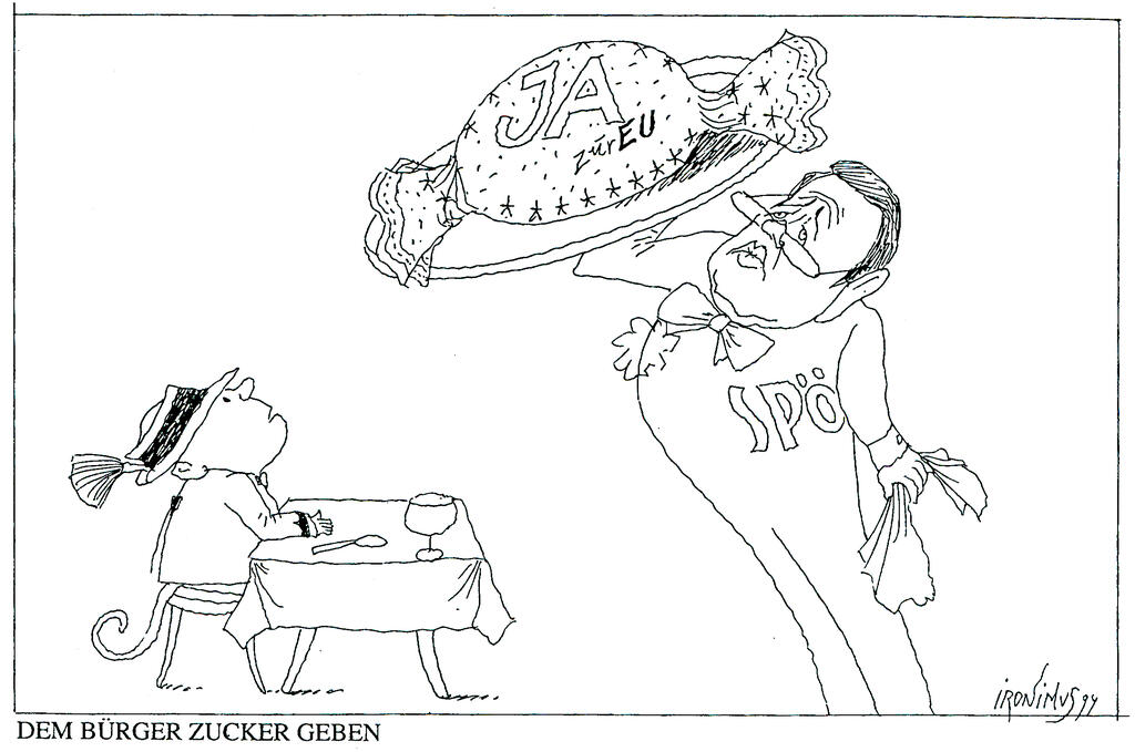 Karikatur von Ironimus über die Volksabstimmung in Österreich (15. April 1994)