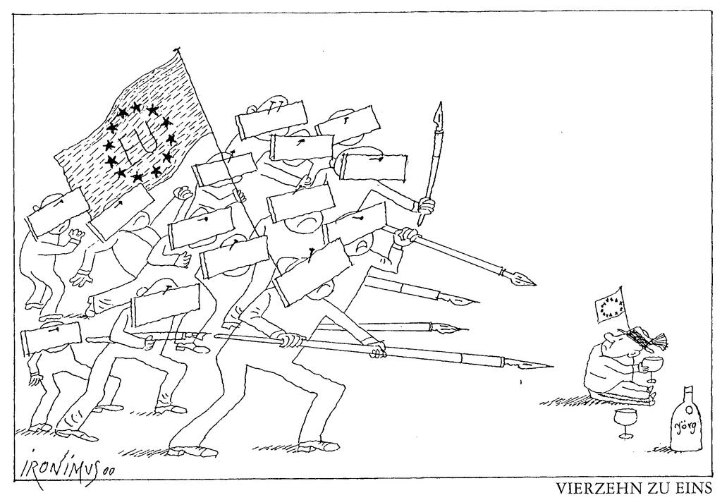 Caricature d'Ironimus sur les mesures prises à l'encontre de l'Autriche (8 février 2000)