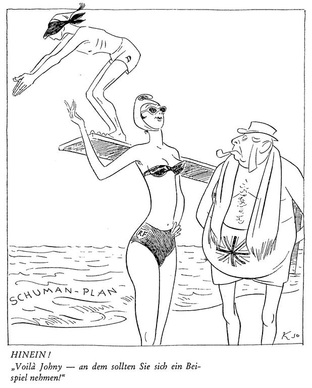 Cartoon by Köhler on the FRG’s attitude towards the Schuman Plan (1950)