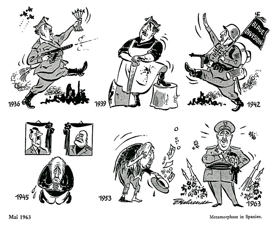 Cartoon by Behrendt on the political evolution of Spain (May 1963)