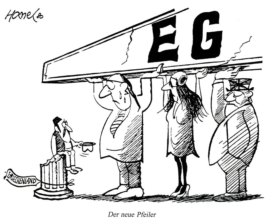 Cartoon by Hanel on Greece’s accession to the European Communities (1980)