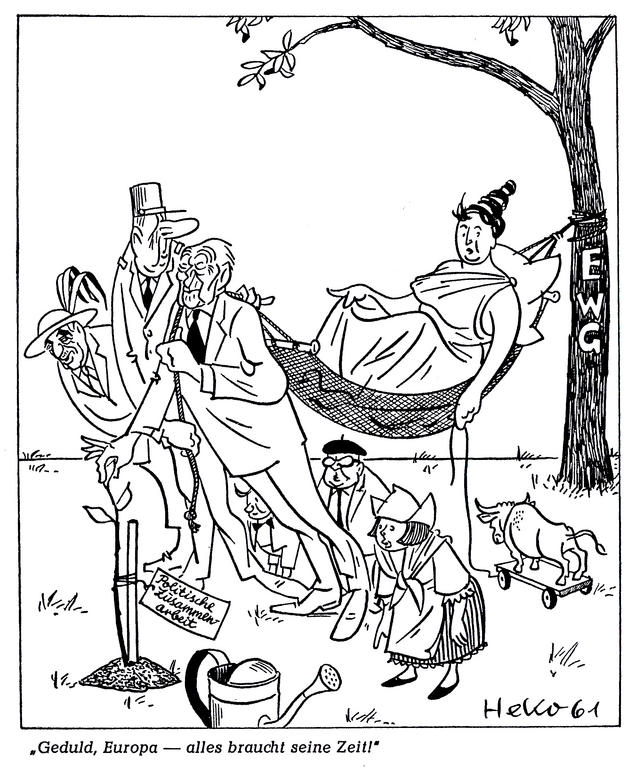 Karikatur von HeKo zu den deutsch-französischen Bemühungen um ein politisches Europa: die Tagung der Sechs in Bad Godesberg (19. Juli 1961)
