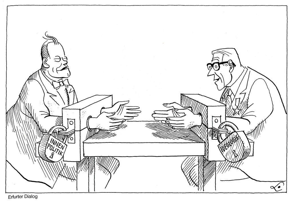 Cartoon by Lang on rapprochement between the two Germanys (21 March 1970)