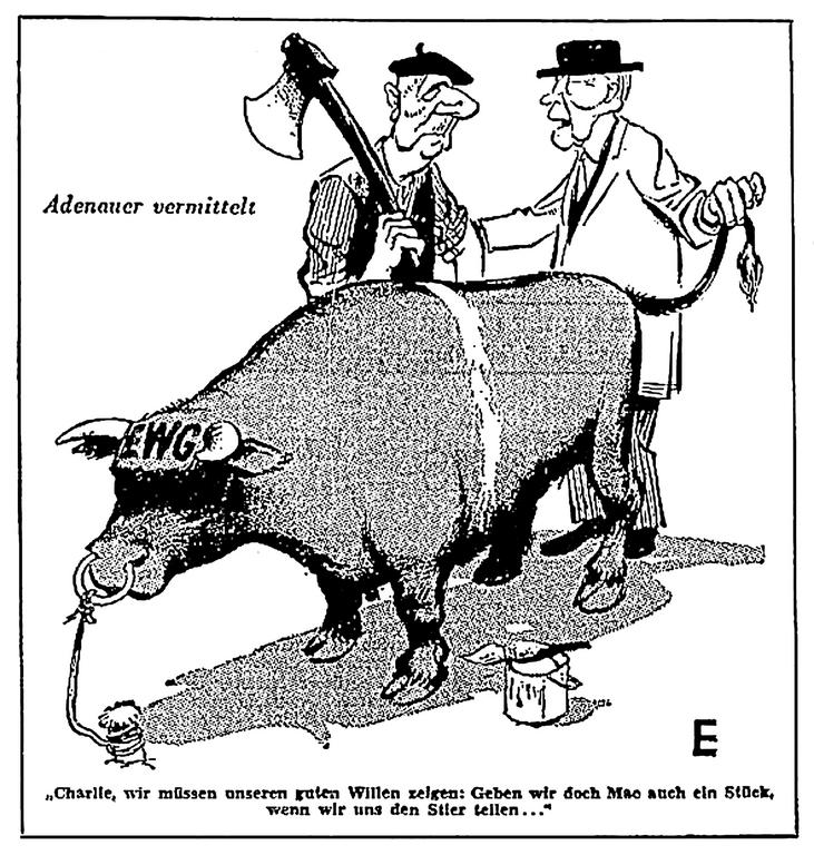 Caricature sur la France et la RFA face à l'éventuelle adhésion du Royaume-Uni aux Communautés européennes (20 janvier 1963)