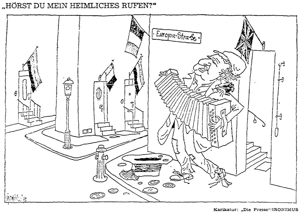Caricature d'Ironimus sur les relations entre l'Autriche et les CE (26 février 1972)