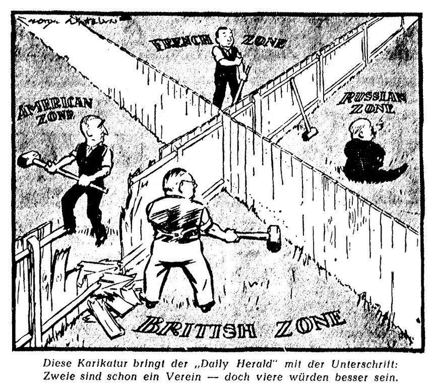 Caricature sur la fusion des zones d'occupation américaine et britannique en Allemagne (2 août 1946)