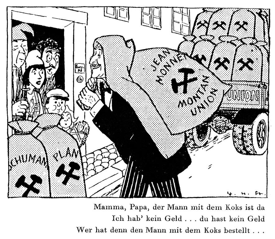 Cartoon by Lang on Jean Monnet and the Schuman Plan (10 August 1950)