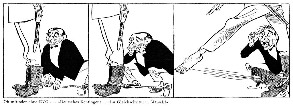 Karikatur von Lang über Pierre Mendès France und die EVG (19. August 1954)